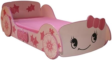 LKTART Twin Size Bed for Kids, Little Star Cartoon Car-Shaped Wooden Platform Bed Frame with Headboard Wheels and Support Slats for Girls Toddlers Child's Bedroom (Pink)