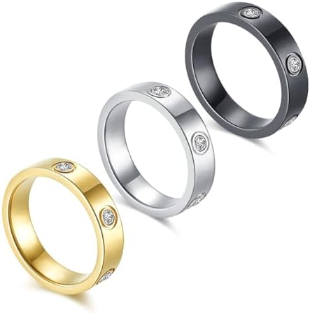 CYWNA 3PCS Love Friendship Ring Gold Silver Black Plated Cubic Zirconia Stainless Steel Rings Set Wedding Band Jewelry Gifts for Women Teen Girls
