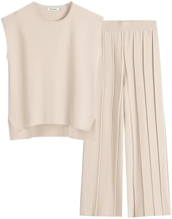 ANRABESS Two Piece Outfits for Women Summer Sweater Sets Knit Pullover Tops Elastic Waisted Pants Lounge Sets Tracksuit