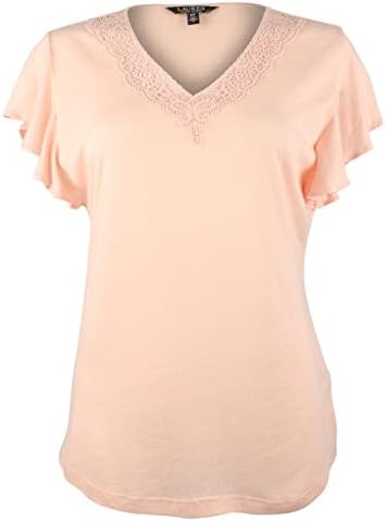 Lauren Ralph Lauren Womens Lace Trim Flutter Sleeves T-Shirt