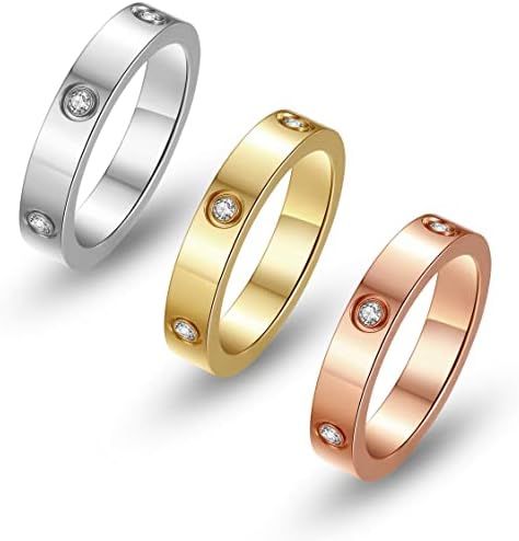 Rinspyre 3 Pcs Fashion Dainty 18K Gold Plated Stainless Steel Silver Promise Ring Cubic Zirconia Rose Gold Wedding Band Jewelry for Women Teen Girls
