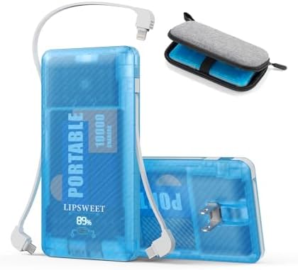 LIPSWEET Portable Power Bank, Ultra Slim 10000mAh Portable Charger, 20W USB C Fast Charging External Battery Pack with Built-in AC Plug, Three Cables for Mobile Phone,Tablet ect (Blue)