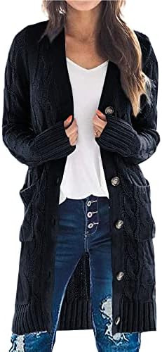 PRETTYGARDEN Long Sleeve Cable Knit Long Cardigan for Women 2023 Fall Winter Chunky Open Front Button Sweaters with Pockets
