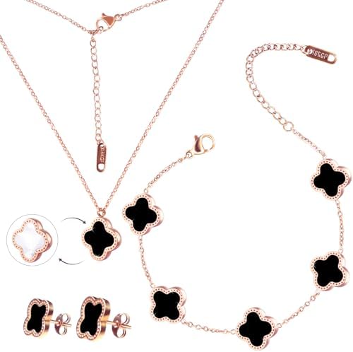 Ayehe Lucky Clover Sets 18K Gold Plated, Double-sided Lucky Clover Bracelet, Earring, Necklace Pendant for Women Girls