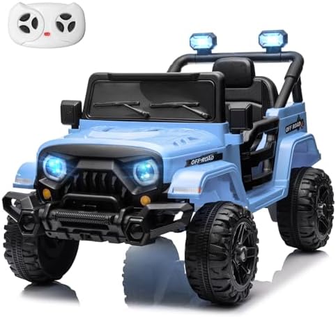 12V Kids Ride on Truck Car Remote Control, Twin 35W Motors 3.5MPH Max Speed, Bluetooth USB Music Player, 4 Wheels Suspension LED Lights Safety Belt, Electric Car Gift for Boys & Girls-Blue