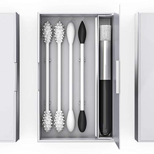 BOETECO Reusable qtips Ear Swab and Makeup Swabs Kit.Reusable Silicone Cotton Swabs for Ears, Baby, Beauty: Pointy Tips, Black Tip, Nodules and Cleaning Brush. (4Swabs, White Case)