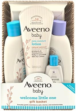 Aveeno Baby Welcome Little One Gift Basket, Baby Skincare Set with Baby Body Wash & Shampoo, Calming Bath Wash, All Over Baby Wipes, & Daily Moisturizing Lotion, 5 Items