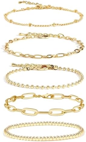 CONRAN KREMIX Gold Bracelet Sets for Women Girls 14K Real Gold Chain Dainty Link Paperclip Bracelets Stake Adjustable Layered Link Bracelet Set Fashion Jewelry