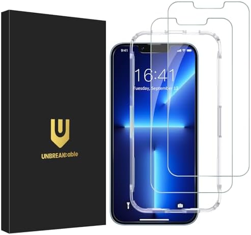 UNBREAKcable Screen Protector for iPhone 14/13/13 Pro [2-Pack] Double Shatterproof Tempered Glass [Easy Installation Frame] [9H Hardness] [99.99% HD Clear] [Bubble Free] for Apple 14/13/13 Pro 6.1''