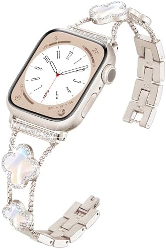 wipalor Four-Leaf Clover Band for Apple Watch Band 41mm 40mm 38mm, Lightweight for Women, Easy Adjustable Bracelet, Shiny Diamond Jewelry Metal Strap for iWatch Series 9 8 7 6 5 4 3 2 1 SE(Starlight)