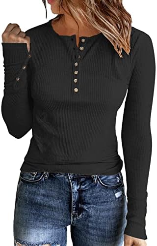 APOFER Womens Long Sleeves Ribbed Knit Tunic Shirts Scoop Neck Button Down Tops Casual Henley Tee Shirt Slim Fit Blouses