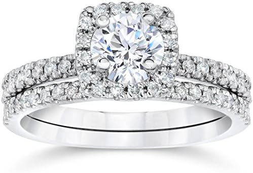 Pompeii3 10k White Gold 5/8Ct TW Round-Cut Natural Diamond Cushion Halo Engagement Ring With Matching Wedding Band Set Women's