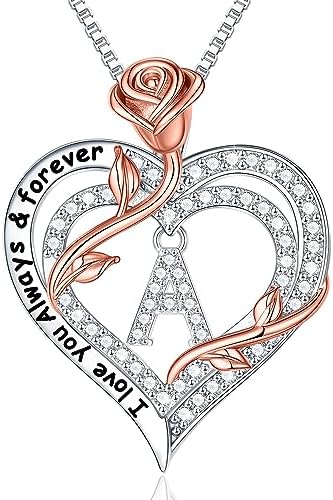 Iefil Rose Heart Necklace for Women, 925 Sterling Silver Initial Necklace Mothers Day Anniversary Birthday Gifts for Women I Love You Necklaces Gifts for Women Wife Girlfriend Her