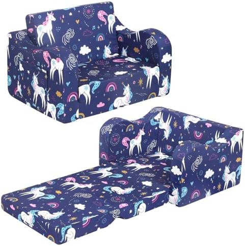 MOMCAYWEX Rainbow Unicorn Kids Sofa, 2-in-1 Kids Couch Fold Out, Convertible Sofa to Bed for Girls and Boys