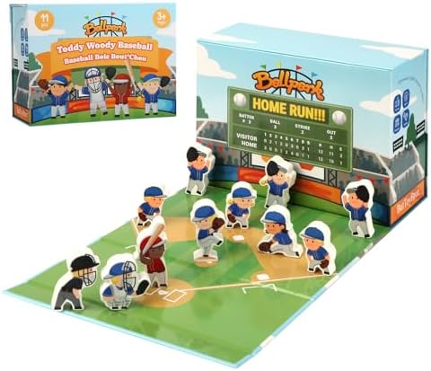 Toddy Woody Baseball Playset Toy,Baseball Basics Educational Tools,Includes Wooden Player Figures,Cardboard Ballpark Stadium,Sports Board Game,Mini Table Pocket Baseball for Toddler Toy,Baseball Intro