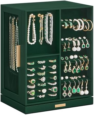 SONGMICS Jewelry Box 360° Rotating, Jewelry Storage Case with 5 Drawers, Jewelry Organizer, Glass Window, Spacious, Vertical Jewelry Storage, Open Design, Great Gift, Forest Green UJBC170C01