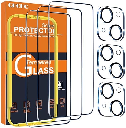 QHOHQ 3 Pack Screen Protector for iPhone 15 [6.1 Inch] with 3 Pack Camera Lens Protector, Tempered Glass Film, HD Clear, 9H Hardness, No Bubbles, Case Friendly
