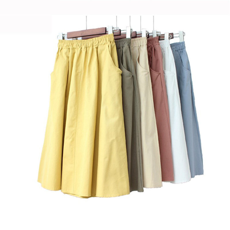 A- line Large Hem Mid Length Long Length Cotton Skirt Women's Autumn Mori Style Umbrella Skirt Solid Color Student Art Pocket Skirt Large Size