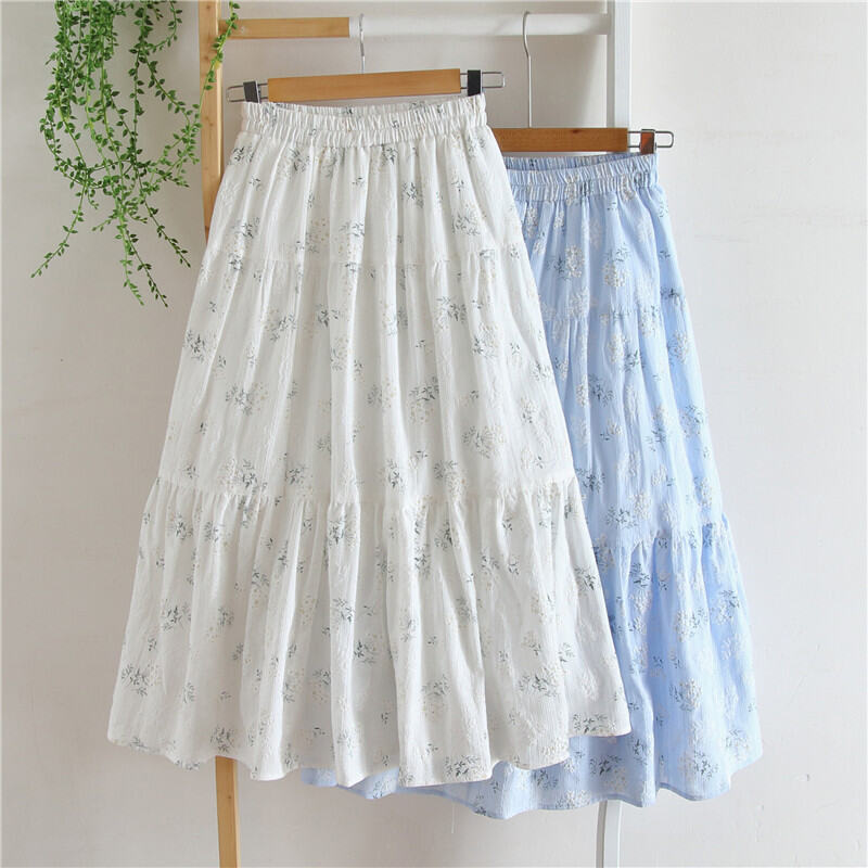 Homemade 2023 Spring Summer High Waist A- line Floral Skirt  Long Cotton Japanese Style Cover Skirt Slim Looking