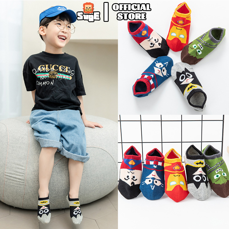 【Suge】New Children's Socks Kids Spider Superhero Cartoon Anime Series Cotton Boy Invisible Boat Socks